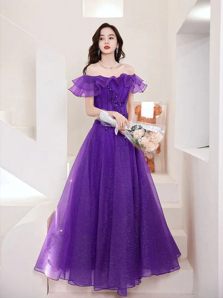 Enchanting A-line Off-Shoulder Short Sleeve Glitter Tulle Violet Floor-Length Prom Dress For Women Ready To Ship