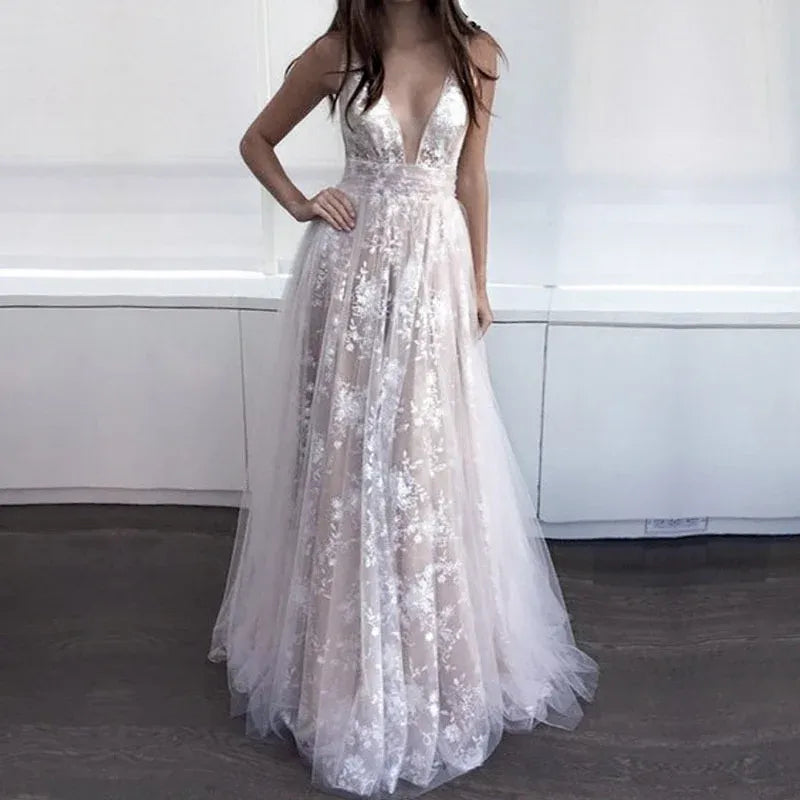 Enchanting A-line V-neck Sleeveless Lace Blush Maxi Prom Dress for Women Custom