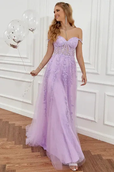 Enchanting A Line Off Shoulder Lace Applique Tulle Lavender Prom Dress With Slit