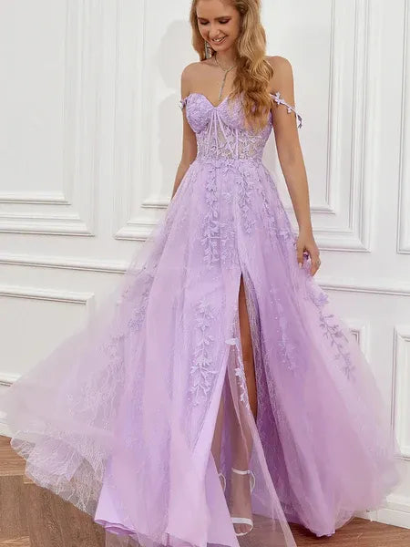 Enchanting A Line Off Shoulder Lace Applique Tulle Lavender Prom Dress With Slit
