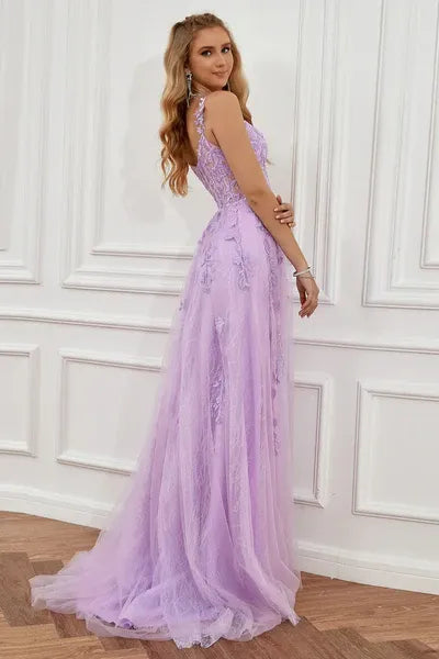 Enchanting A Line Off Shoulder Lace Applique Tulle Lavender Prom Dress With Slit
