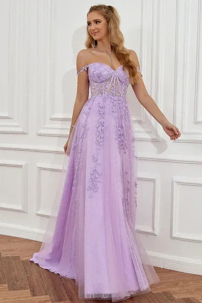 Enchanting A Line Off Shoulder Lace Applique Tulle Lavender Prom Dress With Slit