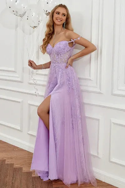 Enchanting A Line Off Shoulder Lace Applique Tulle Lavender Prom Dress With Slit