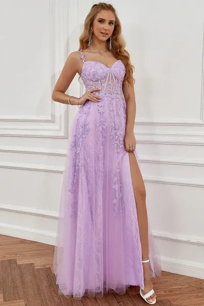 Enchanting A Line Off Shoulder Lace Applique Tulle Lavender Prom Dress With Slit