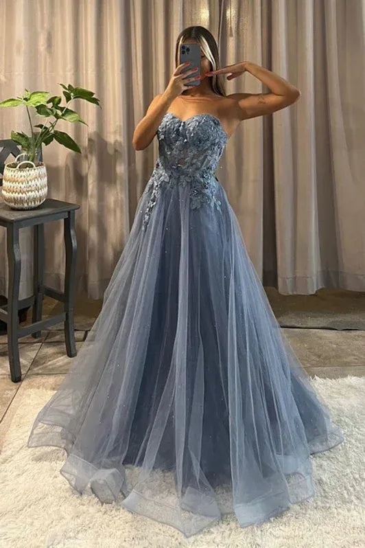 Enchanting A Line Sweetheart Lace Applique Dusty Blue Floor Length Prom Dress For Ladies Ready To Ship