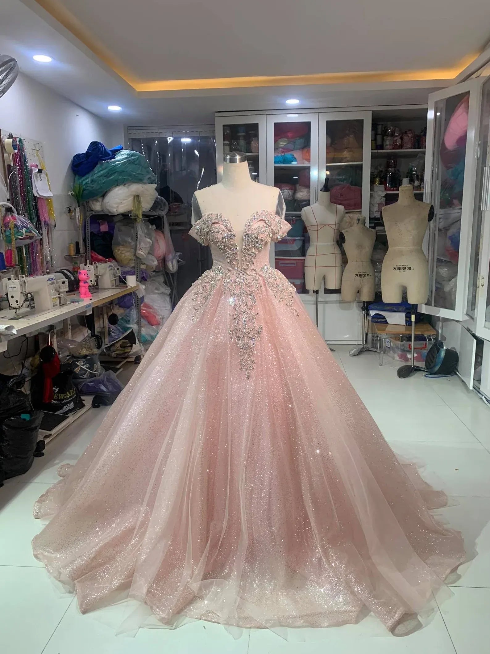 Enchanting Ball Gown Off-Shoulder Beaded Glitter Blush Pink Train Prom Dress