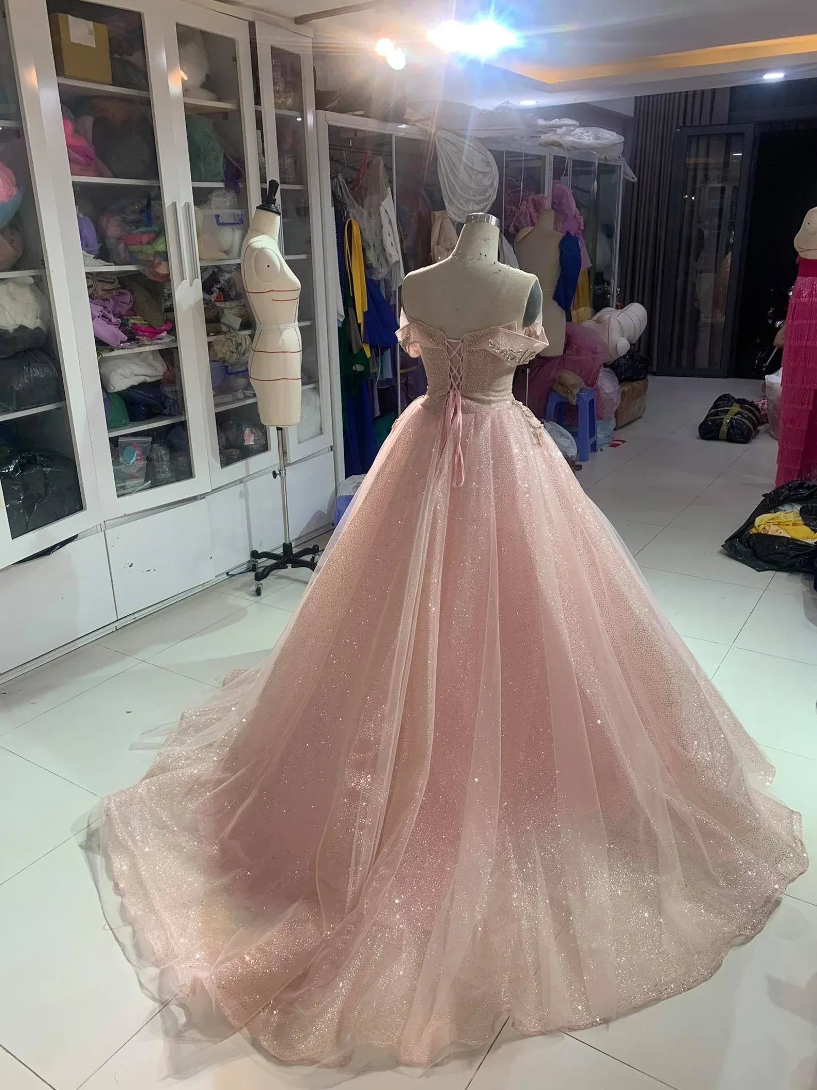 Enchanting Ball Gown Off-Shoulder Beaded Glitter Blush Pink Train Prom Dress