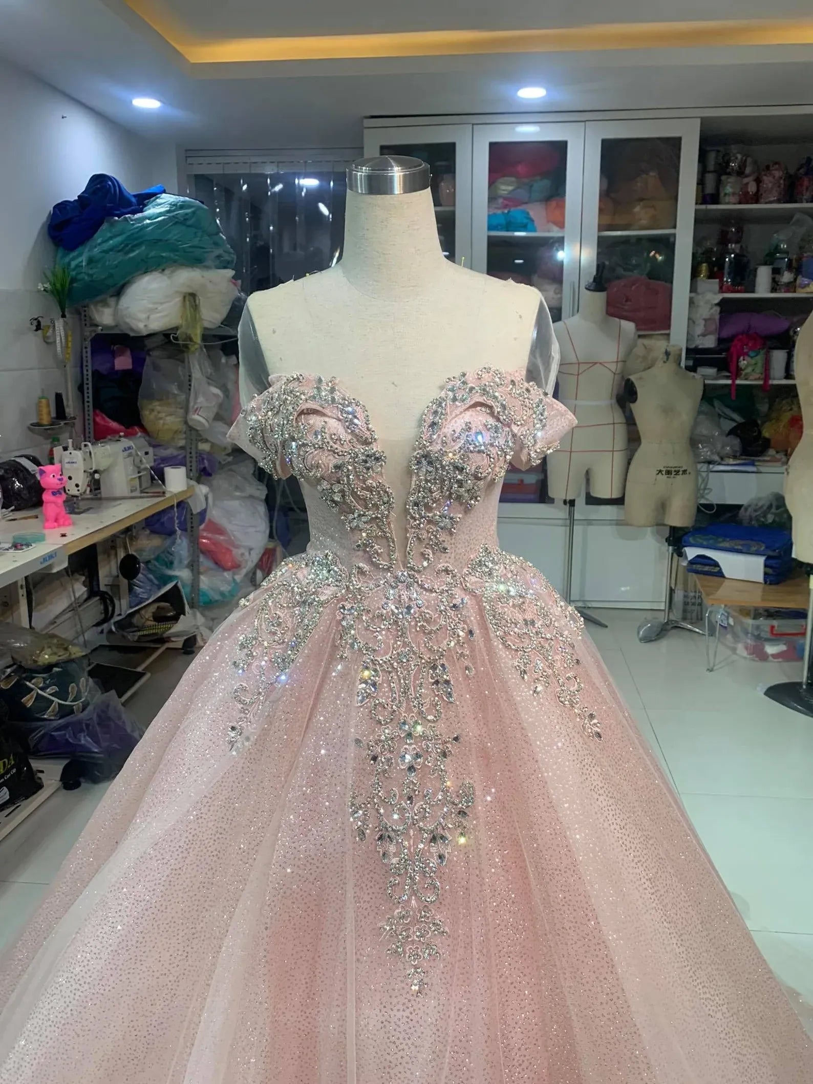 Enchanting Ball Gown Off-Shoulder Beaded Glitter Blush Pink Train Prom Dress