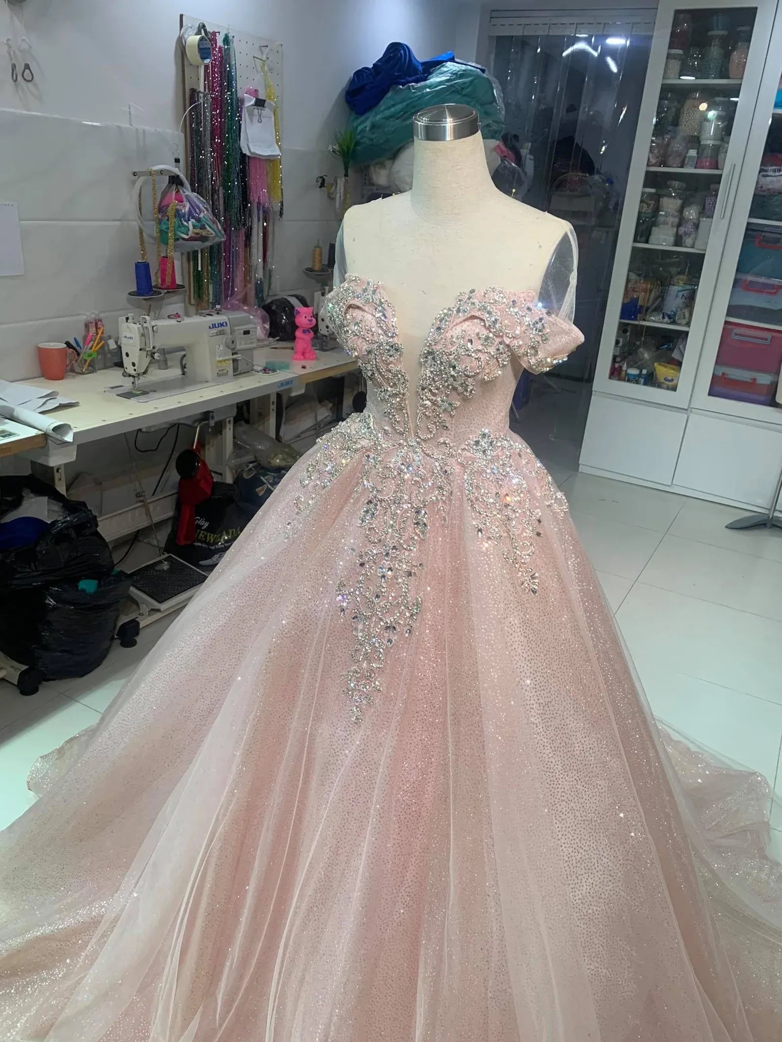 Enchanting Ball Gown Off-Shoulder Beaded Glitter Blush Pink Train Prom Dress