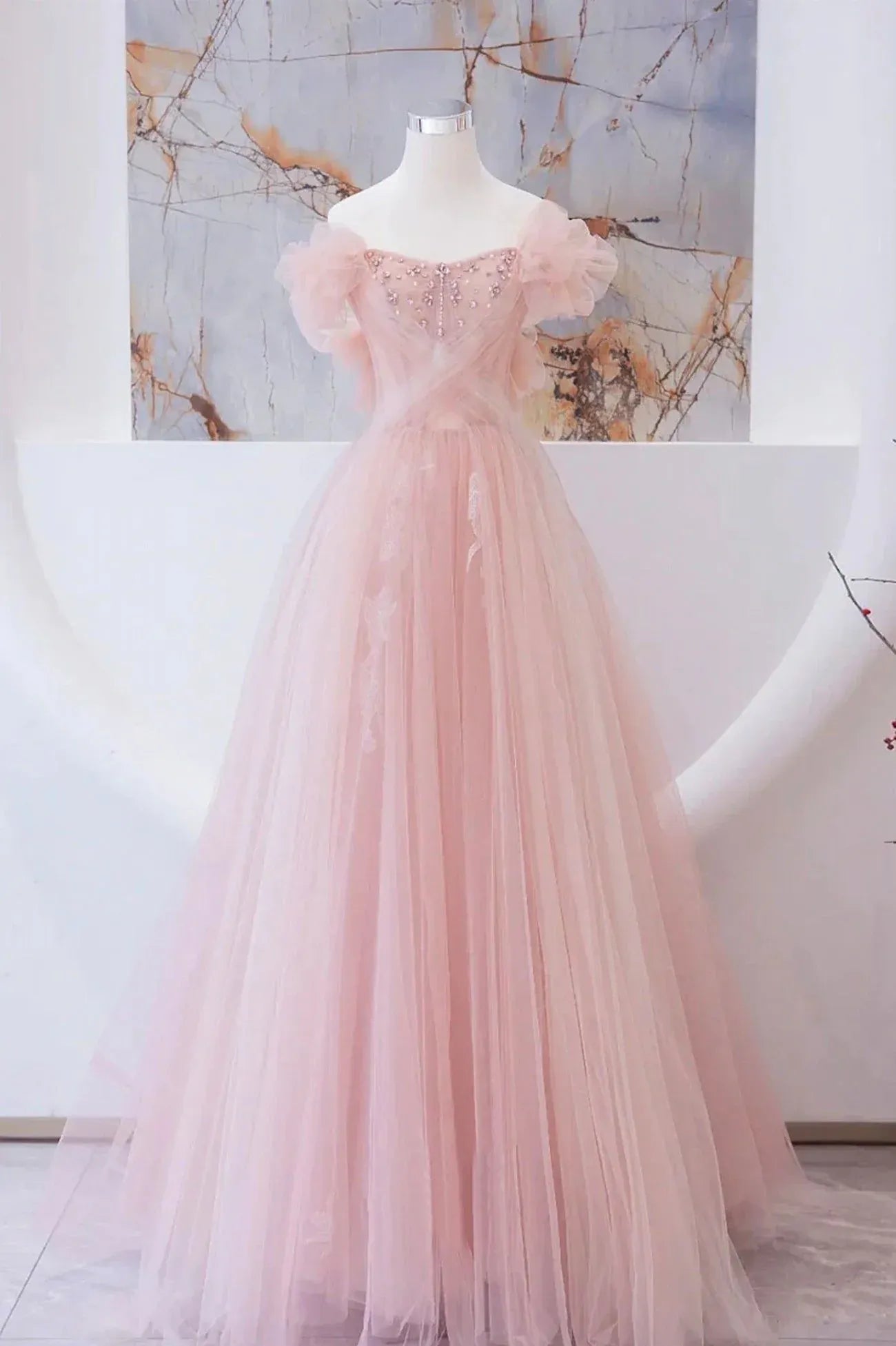 Enchanting Ball Gown Off-the-shoulder Ruffled Beaded Blush Pink Maxi Prom Dress for Women Custom