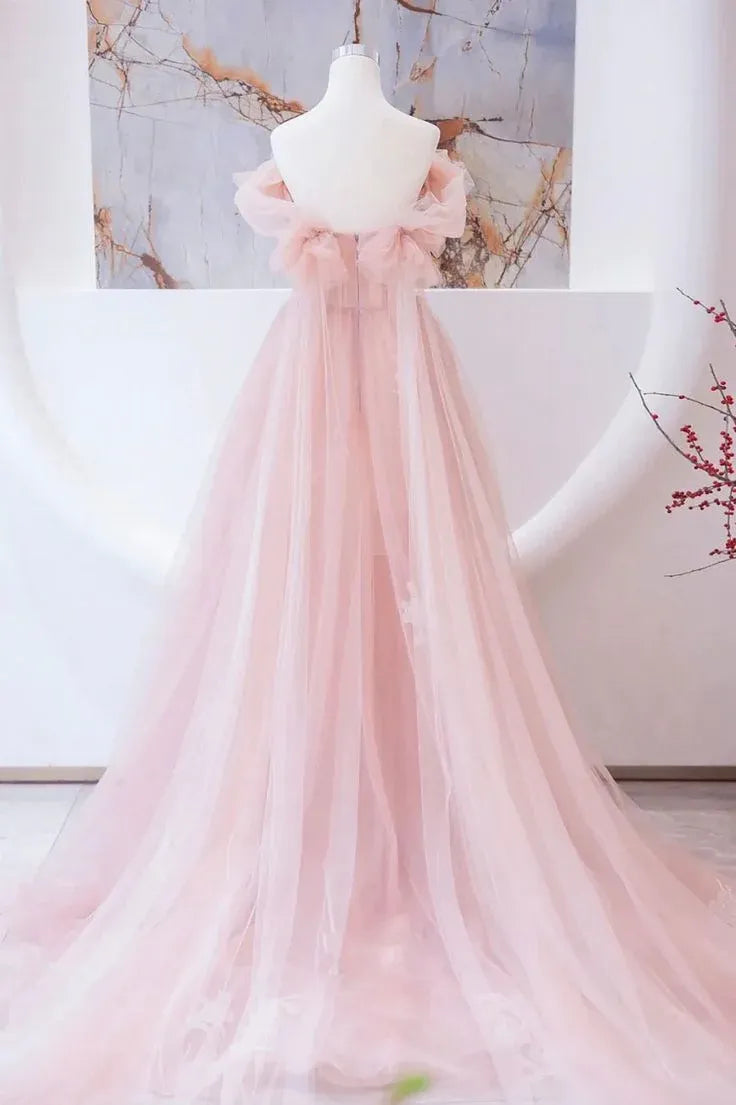 Enchanting Ball Gown Off-the-shoulder Ruffled Beaded Blush Pink Maxi Prom Dress for Women Custom
