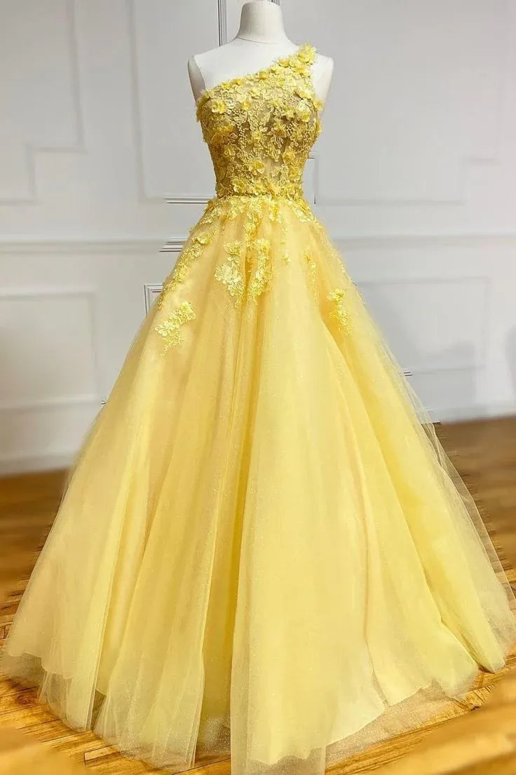 Enchanting Ball Gown One-shoulder Sleeveless Lace Yellow Maxi Prom Dress For Women Custom