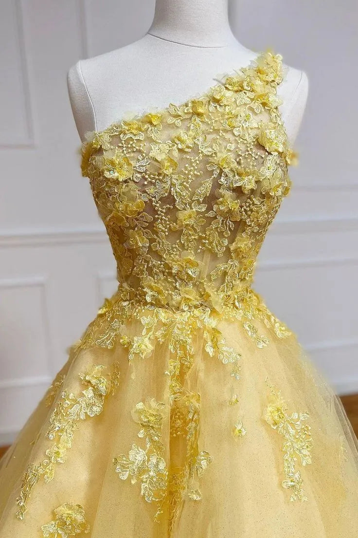 Enchanting Ball Gown One-shoulder Sleeveless Lace Yellow Maxi Prom Dress For Women Custom