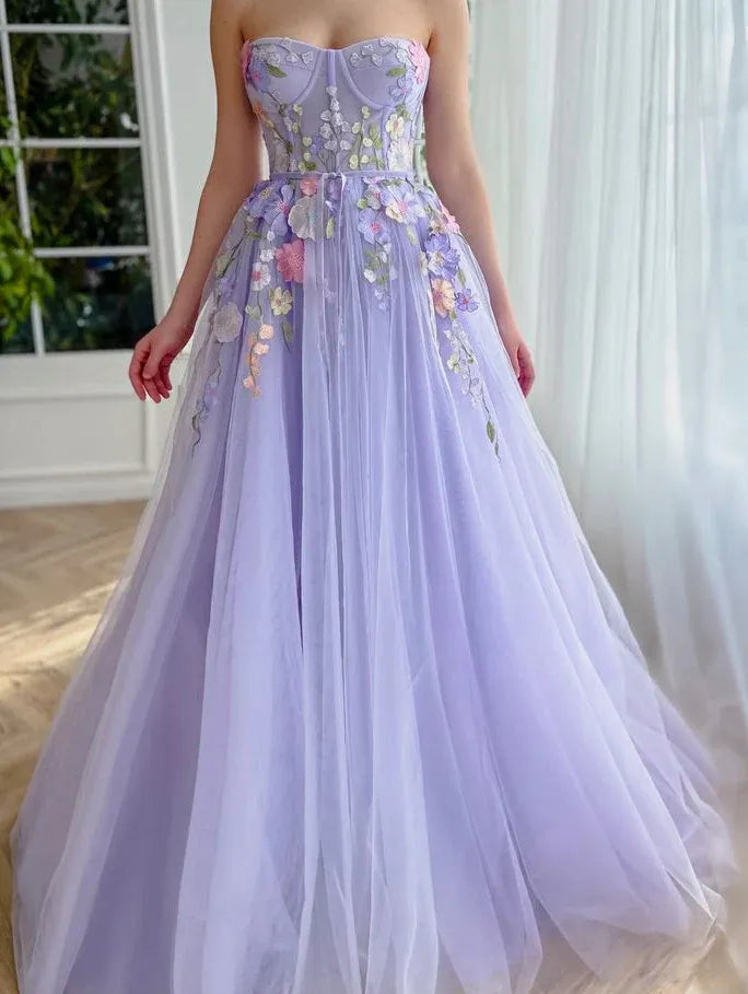 Enchanting Ball Gown Sweetheart Neck Sleeveless Floral Lilac Maxi Prom Dress for Women Custom
