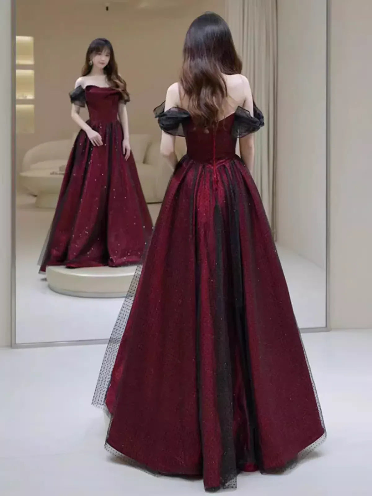 Enchanting Ballgown Off-Shoulder Glitter Burgundy & Black Maxi Prom Dress for Women ready to ship