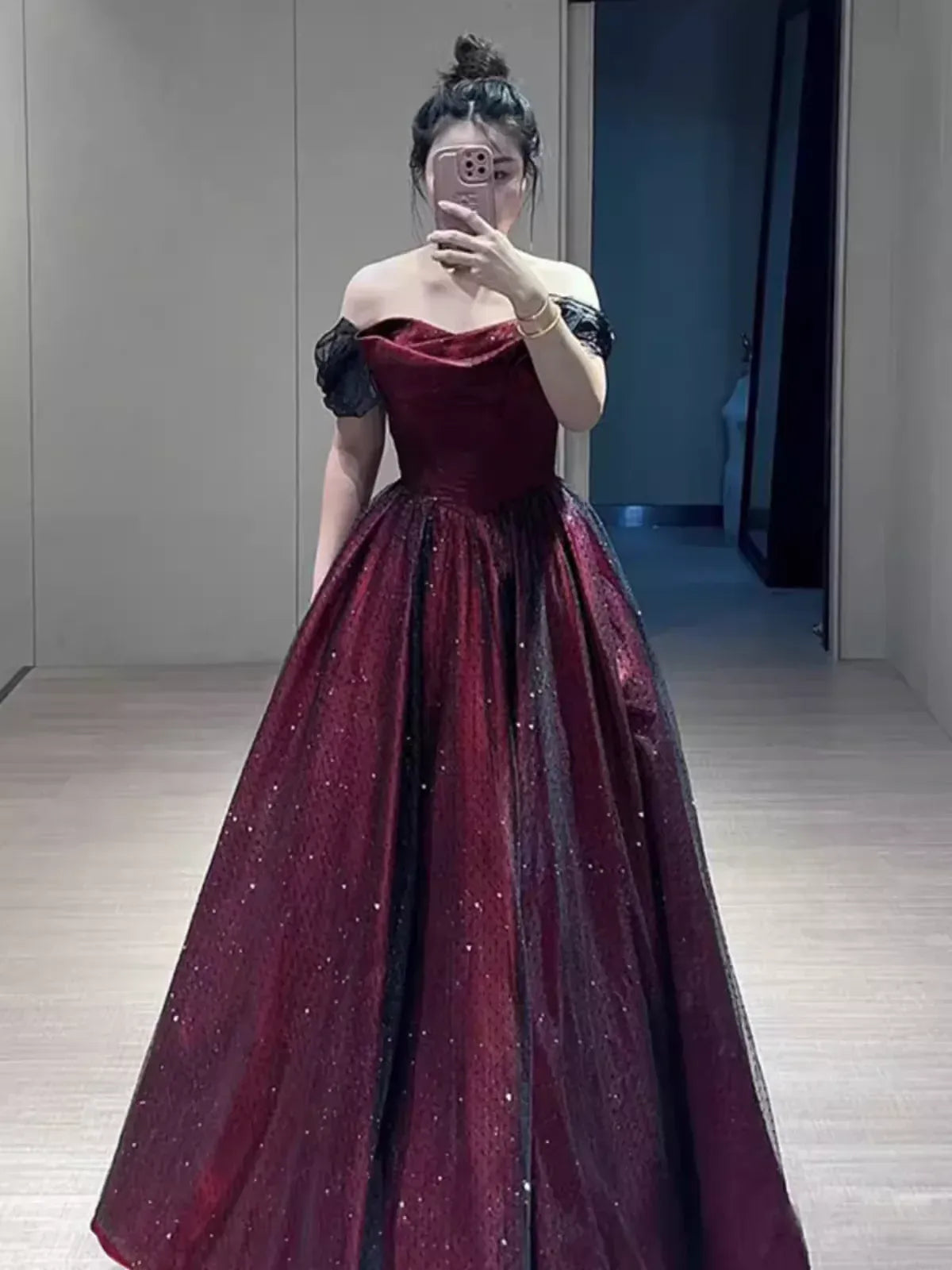 Enchanting Ballgown Off-Shoulder Glitter Burgundy & Black Maxi Prom Dress for Women ready to ship