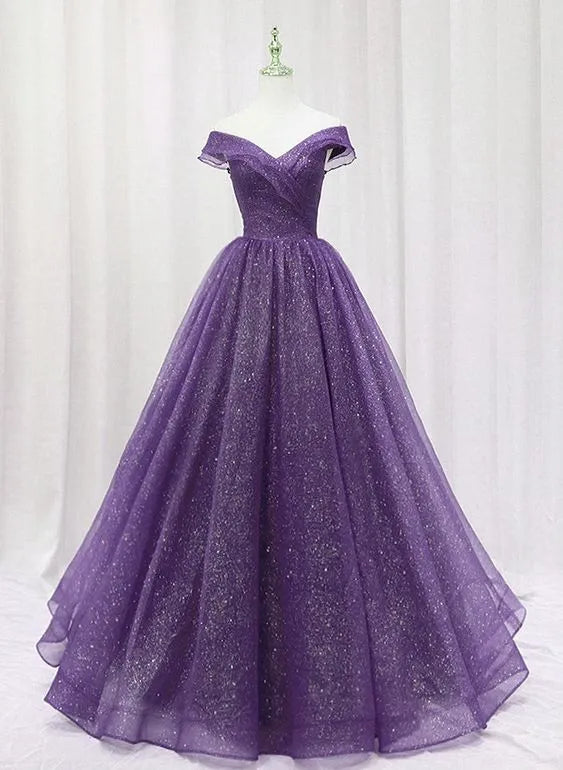 Enchanting Ballgown Off-Shoulder Glitter Purple Maxi Prom Dress for Women ready to ship