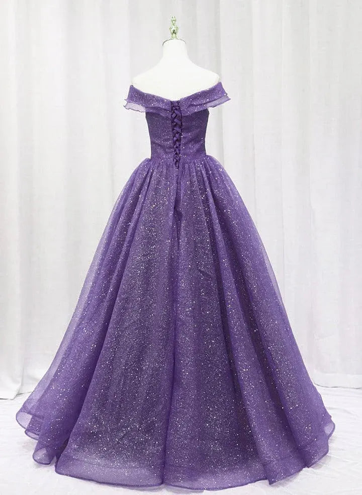 Enchanting Ballgown Off-Shoulder Glitter Purple Maxi Prom Dress for Women ready to ship