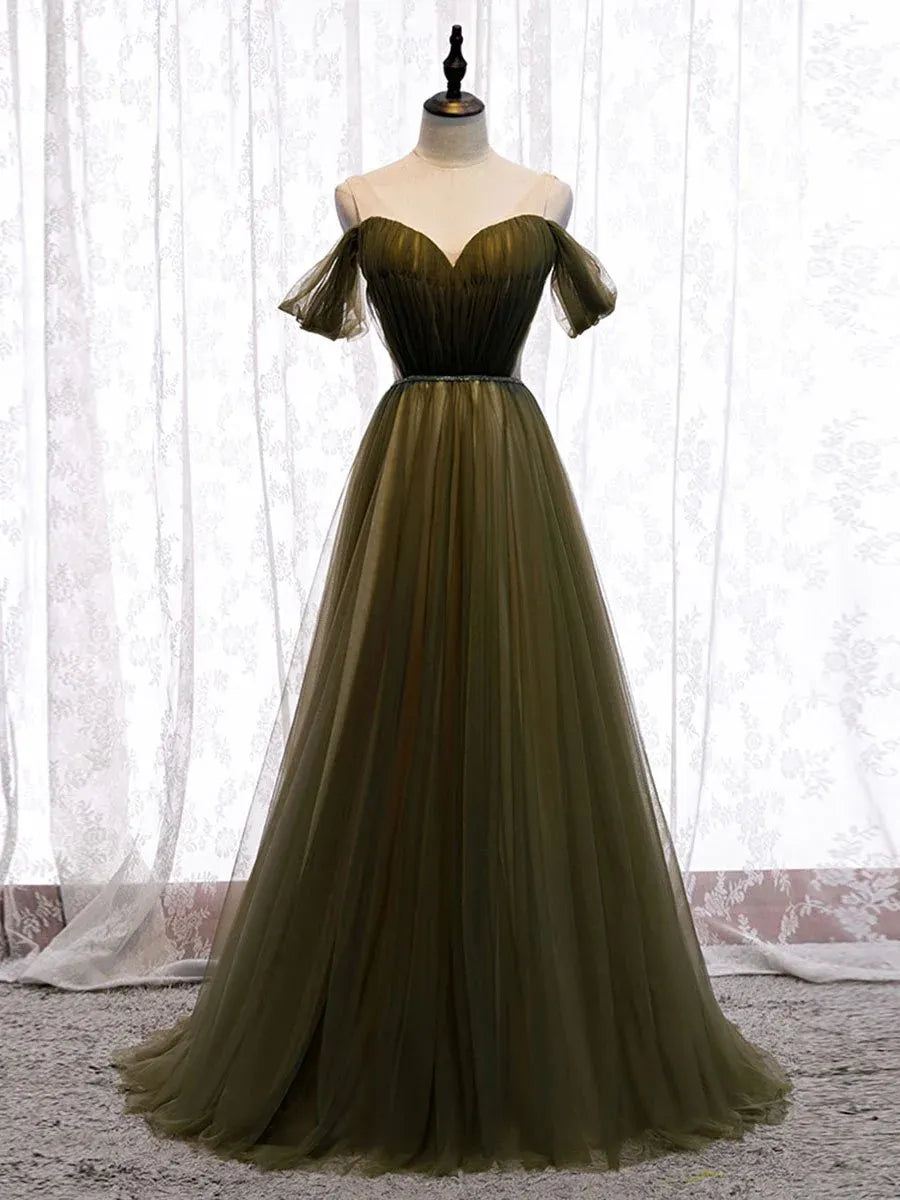 Enchanting Ballgown Off-Shoulder Short-Sleeve Ruched Tulle Olive Floor-Length Evening Dress
