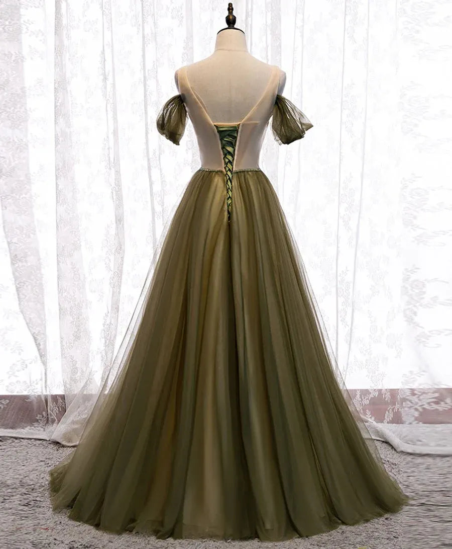 Enchanting Ballgown Off-Shoulder Short-Sleeve Ruched Tulle Olive Floor-Length Evening Dress