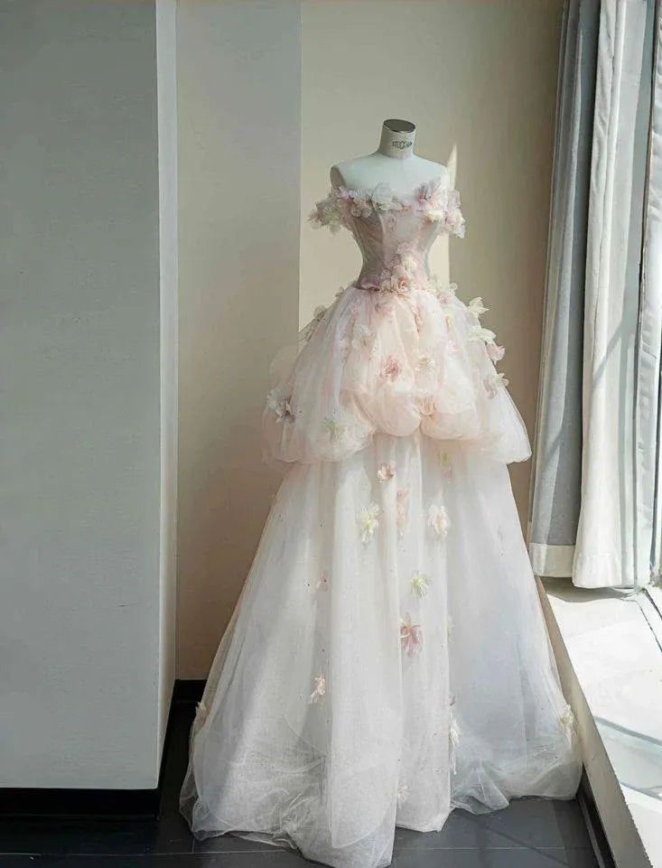 Enchanting Ballgown Off-Shoulder Sleeveless Floral-Trim Blush Floor-Length Prom Dress for Women