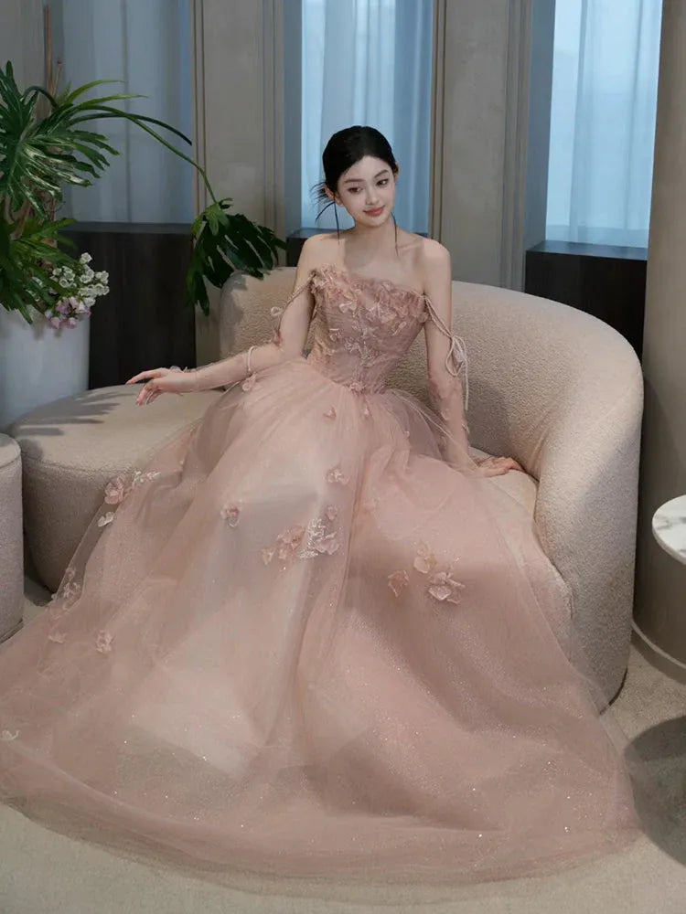Enchanting Ballgown Off-the-Shoulder Floral Tulle Blush Maxi Prom Dress