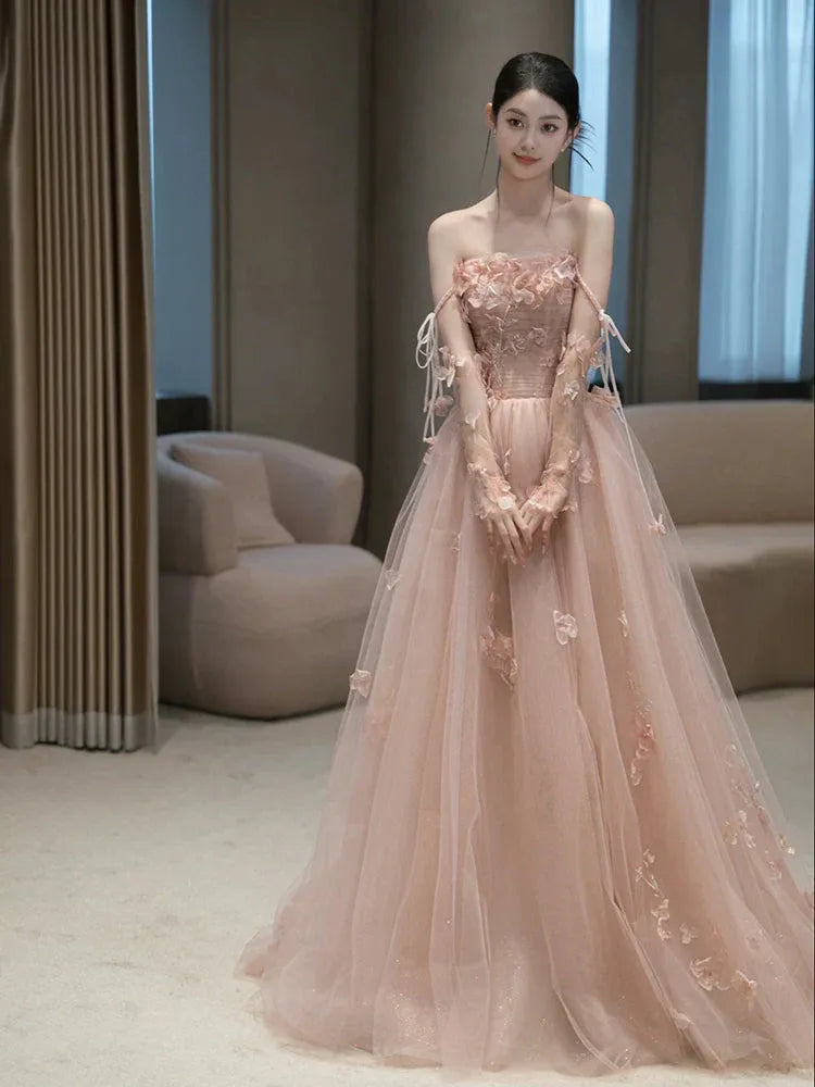 Enchanting Ballgown Off-the-Shoulder Floral Tulle Blush Maxi Prom Dress