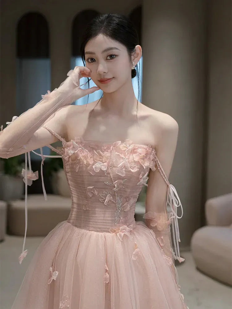 Enchanting Ballgown Off-the-Shoulder Floral Tulle Blush Maxi Prom Dress