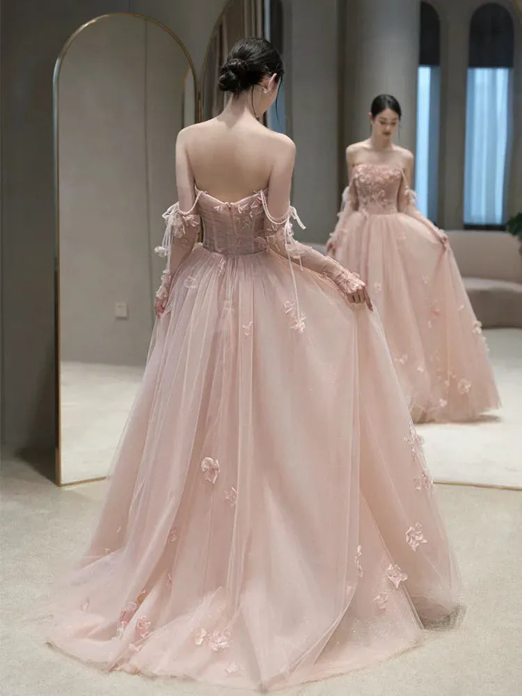 Enchanting Ballgown Off-the-Shoulder Floral Tulle Blush Maxi Prom Dress
