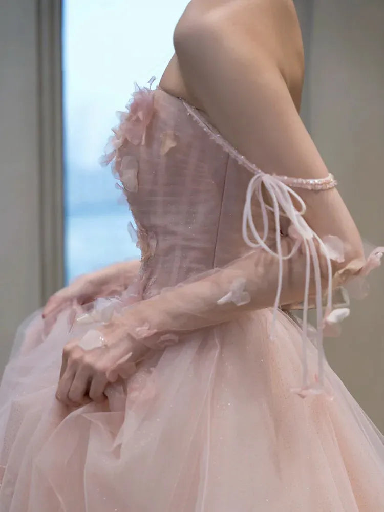 Enchanting Ballgown Off-the-Shoulder Floral Tulle Blush Maxi Prom Dress