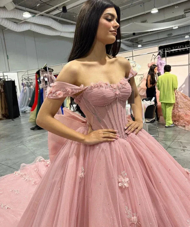 Enchanting Ballgown Off-the-Shoulder Sleeveless Floral Tulle Blush Maxi Prom Dress