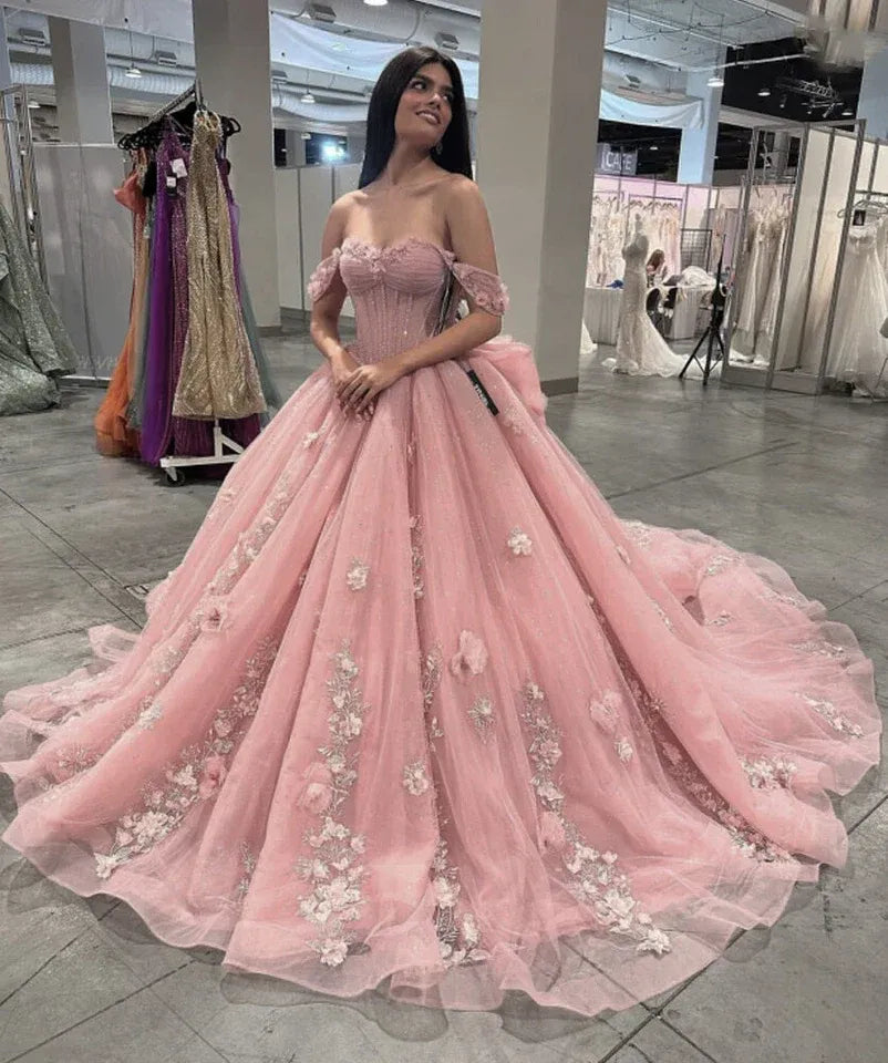 Enchanting Ballgown Off-the-Shoulder Sleeveless Floral Tulle Blush Maxi Prom Dress