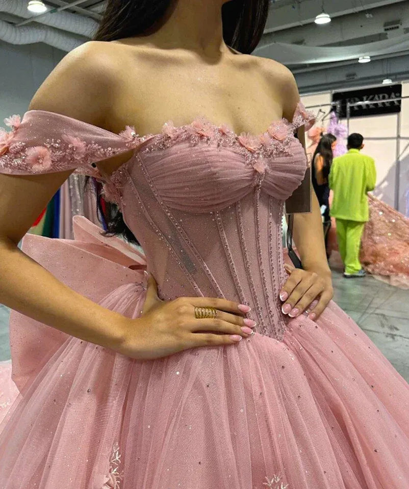Enchanting Ballgown Off-the-Shoulder Sleeveless Floral Tulle Blush Maxi Prom Dress