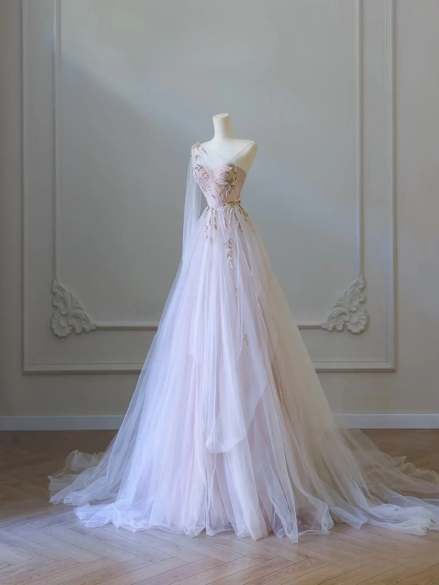 Enchanting Ballgown One-Shoulder Sleeveless Embroidered Blush Train Prom Dress for Women Custom