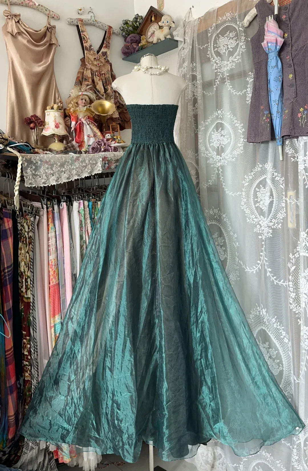 Enchanting Ballgown Strapless Ruched Taffeta Teal Green Maxi Evening Dress for Women