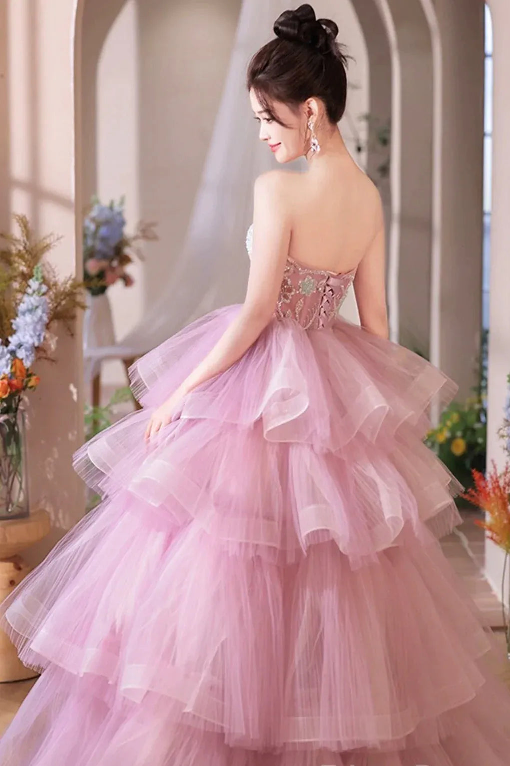 Enchanting Ballgown Strapless Sleeveless Embroidered Pink Train Prom Dress for Women Custom