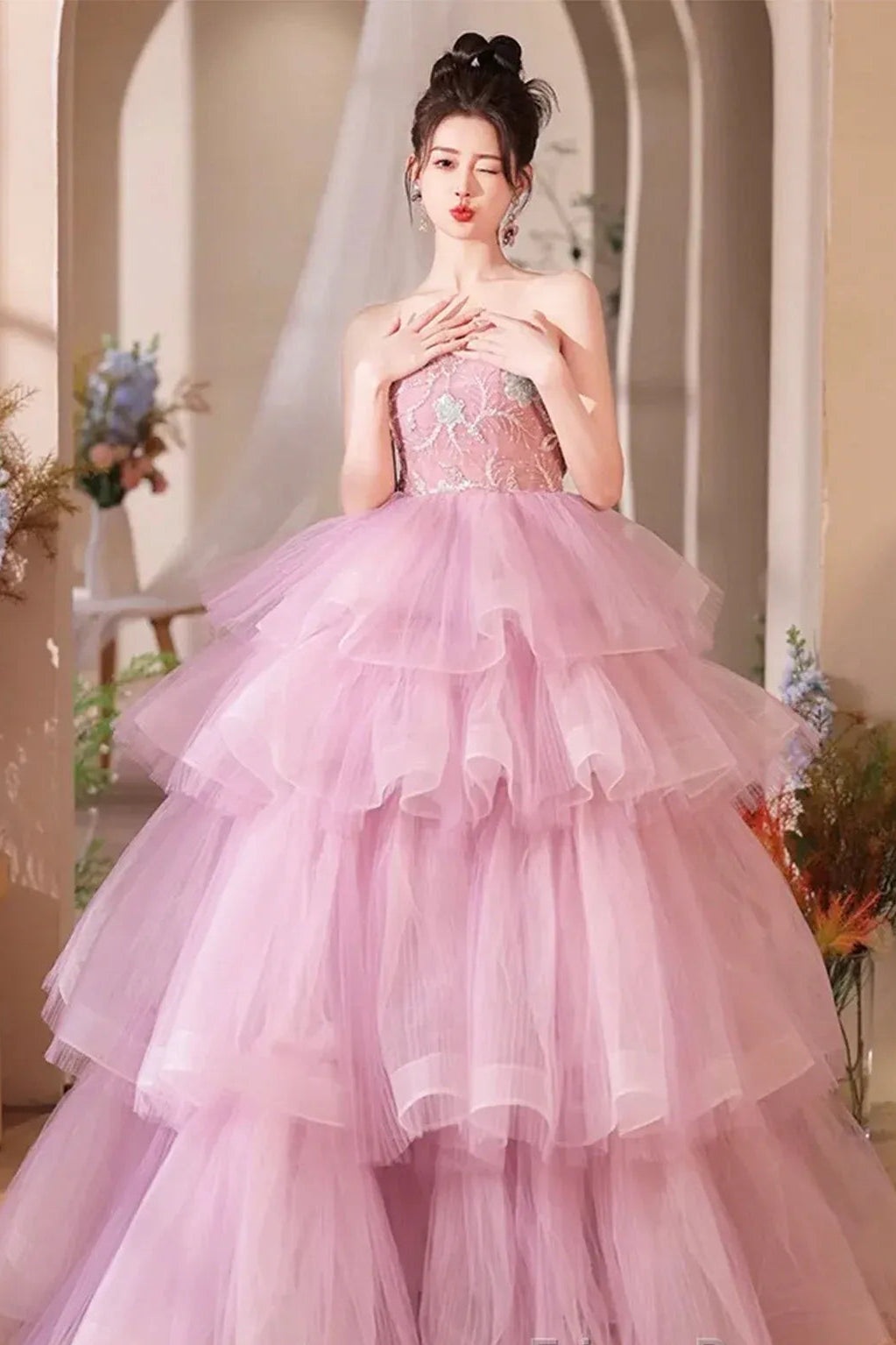 Enchanting Ballgown Strapless Sleeveless Embroidered Pink Train Prom Dress for Women Custom