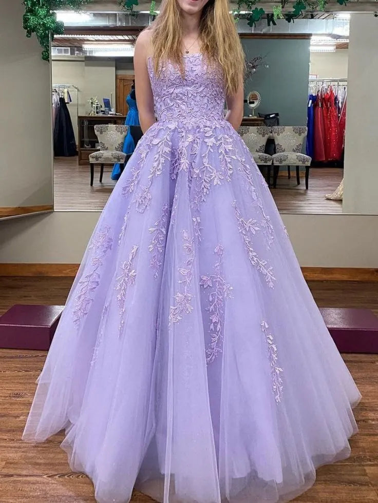 Enchanting Ballgown Strapless Sleeveless Embroidered Tulle Lavender Floor-Length Evening Dress