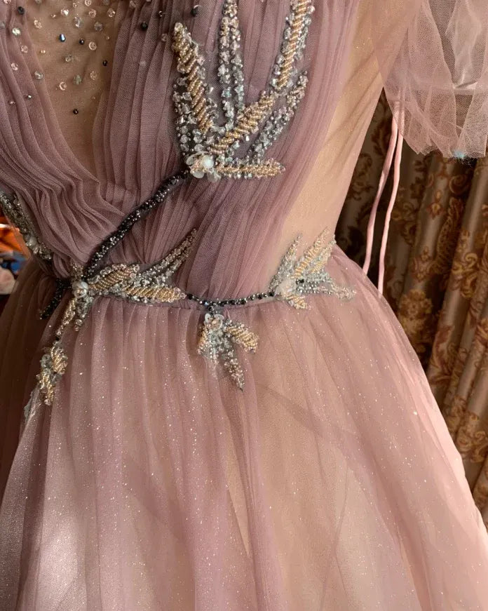 Enchanting Ballgown Sweetheart-Neck Flutter-Sleeve Beaded Dusty Rose Maxi Prom Dress for Women Custom