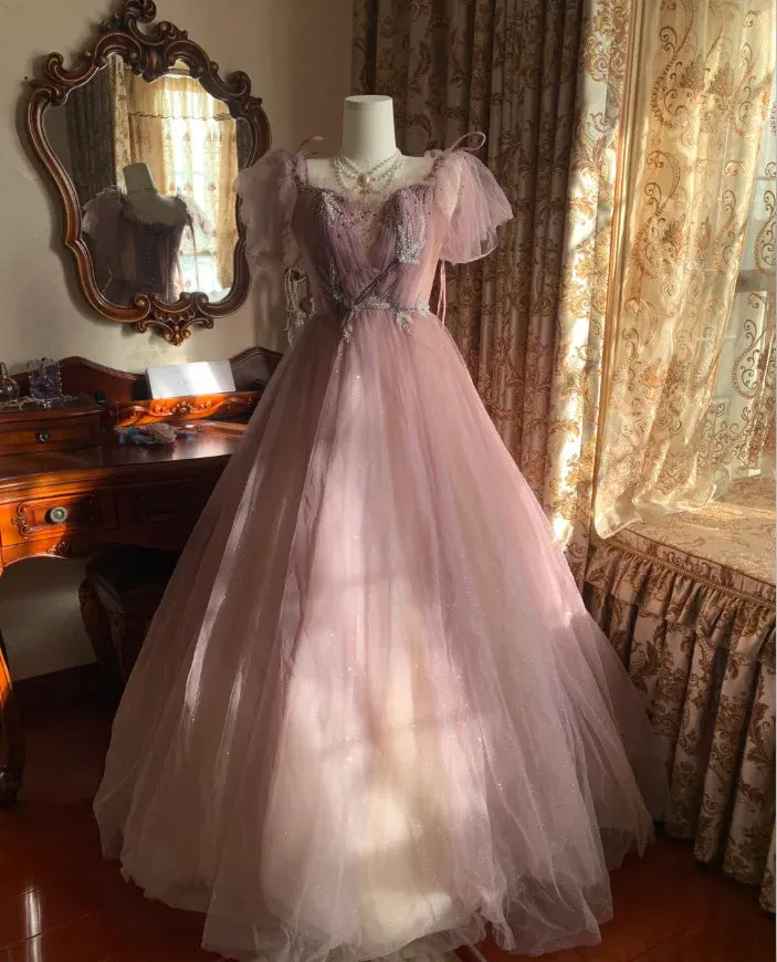 Enchanting Ballgown Sweetheart-Neck Flutter-Sleeve Beaded Dusty Rose Maxi Prom Dress for Women Custom