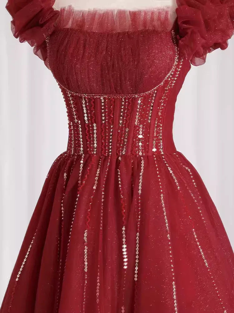 Enchanting Ballgown Sweetheart-Neck Ruffle-Sleeve Sequin-Accented Burgundy Maxi Prom Dress for Women Custom