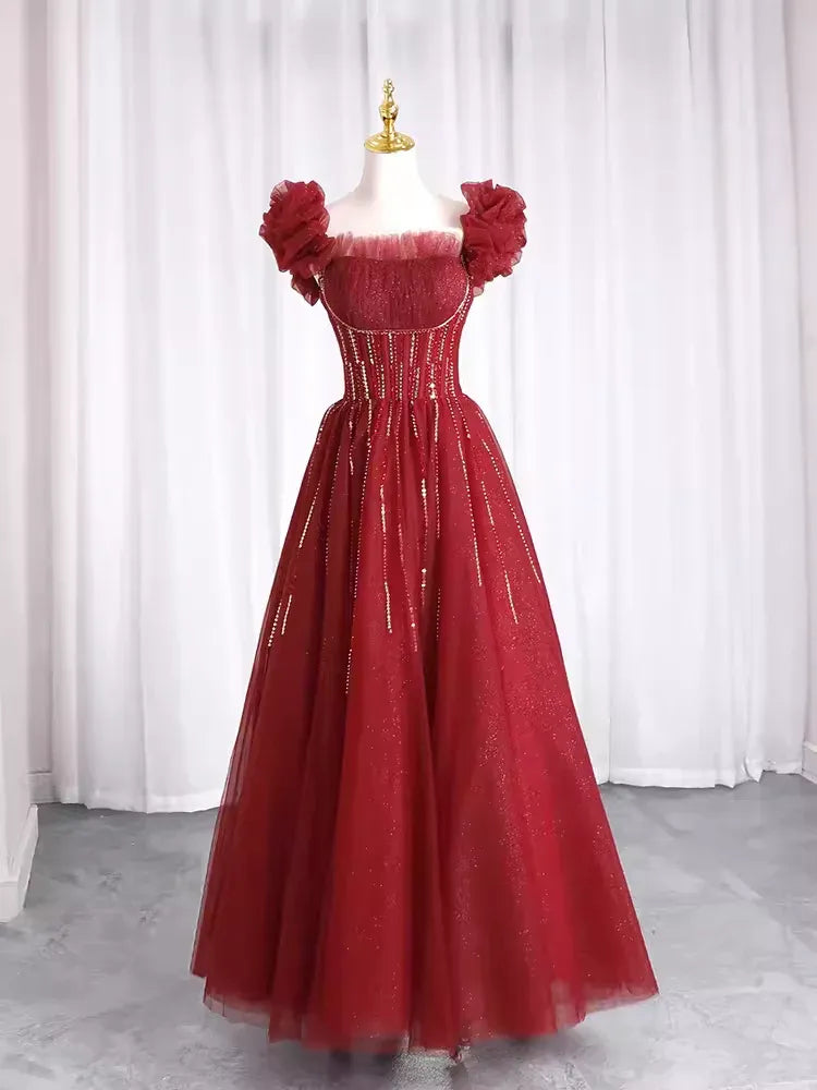 Enchanting Ballgown Sweetheart-Neck Ruffle-Sleeve Sequin-Accented Burgundy Maxi Prom Dress for Women Custom