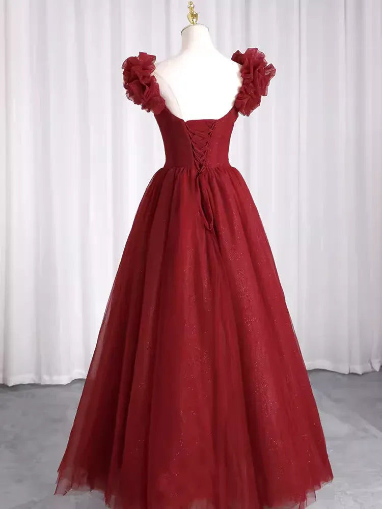 Enchanting Ballgown Sweetheart-Neck Ruffle-Sleeve Sequin-Accented Burgundy Maxi Prom Dress for Women Custom