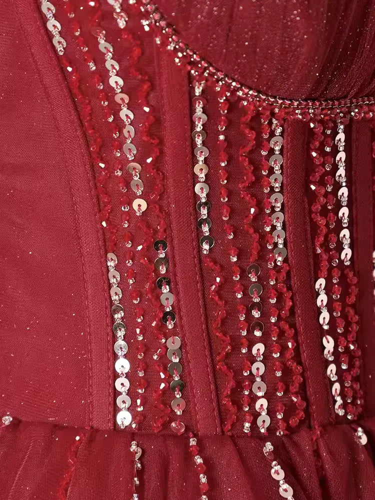 Enchanting Ballgown Sweetheart-Neck Ruffle-Sleeve Sequin-Accented Burgundy Maxi Prom Dress for Women Custom