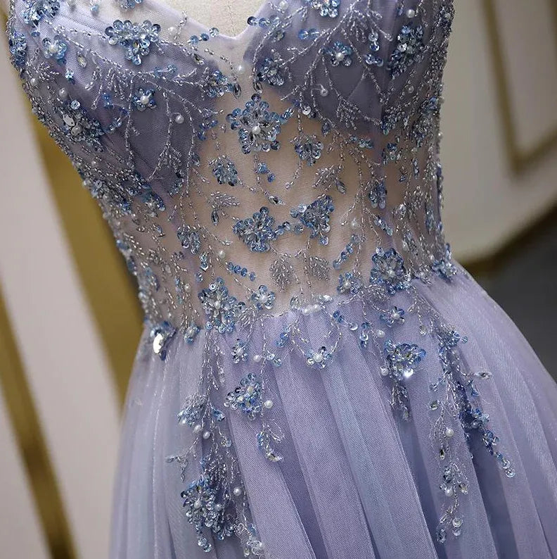 Enchanting Ballgown Sweetheart-Neck Sleeveless Beaded-Tulle Lavender Maxi Evening Dress for Women