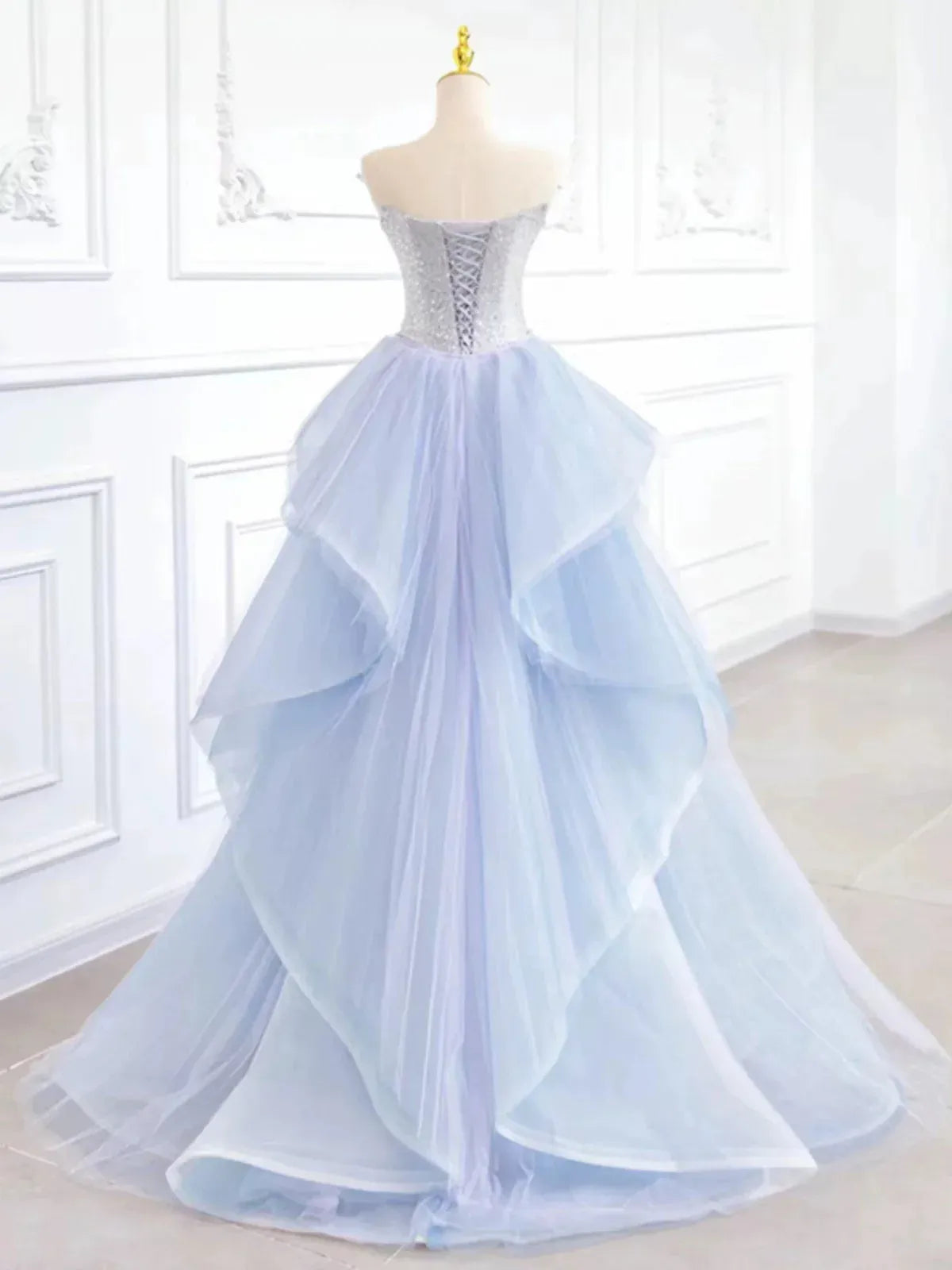 Enchanting Ballgown Sweetheart Sleeveless Ombre-Tulle Sequin Light Blue Floor-Length Prom Dress for Women