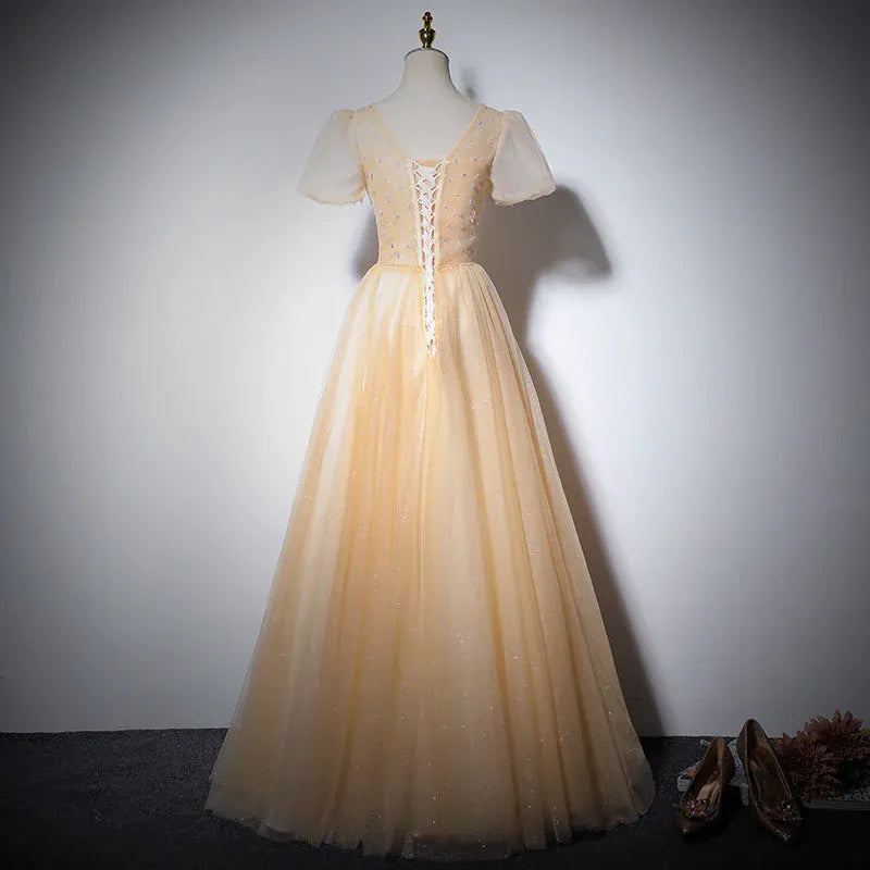 Enchanting Ballgown V-Neck Short-Sleeve Beaded Champagne Floor-Length Prom Dress for Women
