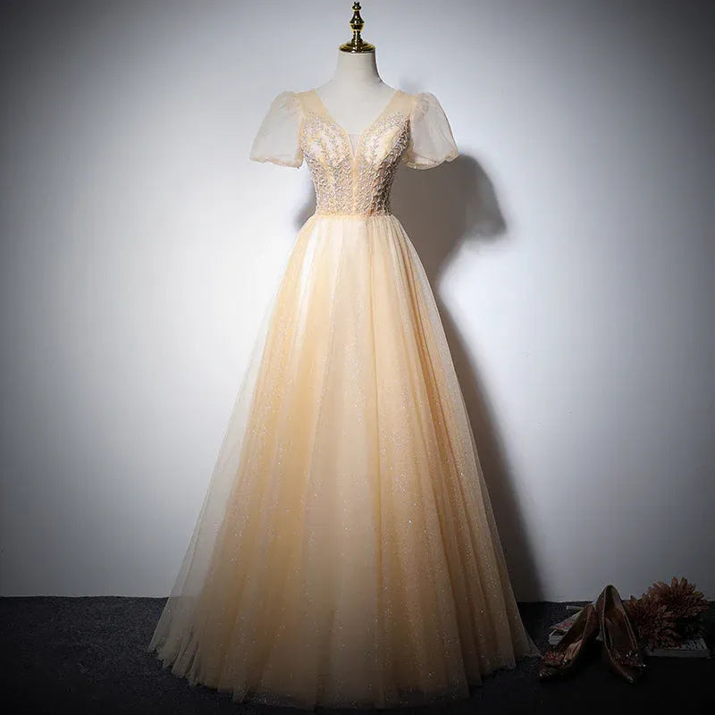Enchanting Ballgown V-Neck Short-Sleeve Beaded Champagne Floor-Length Prom Dress for Women