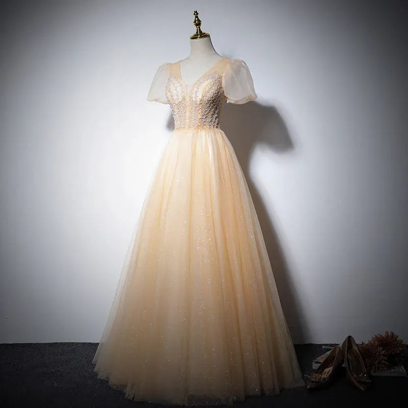Enchanting Ballgown V-Neck Short-Sleeve Beaded Champagne Floor-Length Prom Dress for Women