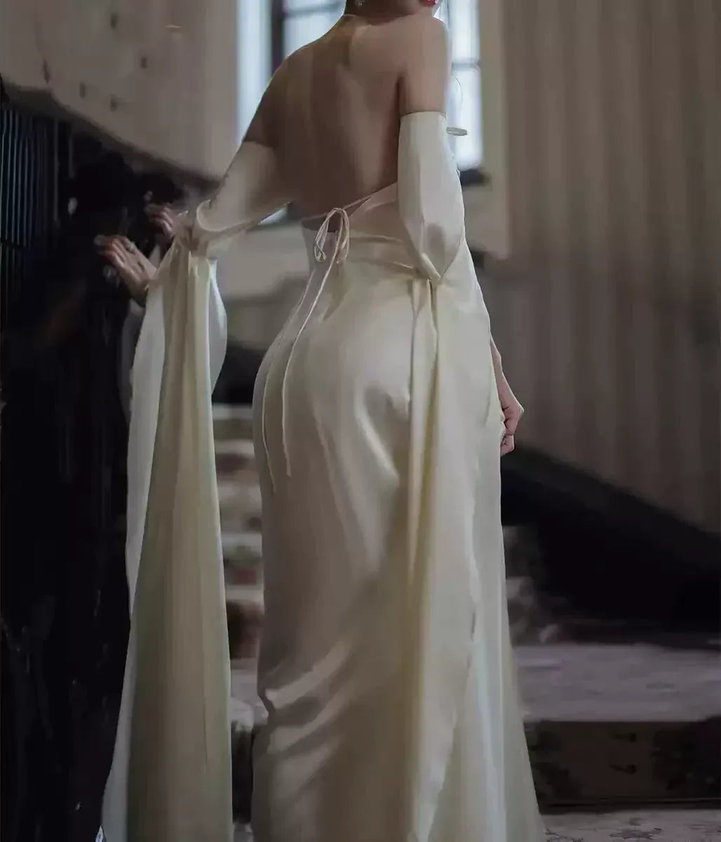 Enchanting Mermaid Off-Shoulder Sleeveless Cape-Accent Satin Ivory Floor-Length Evening Dress for Women